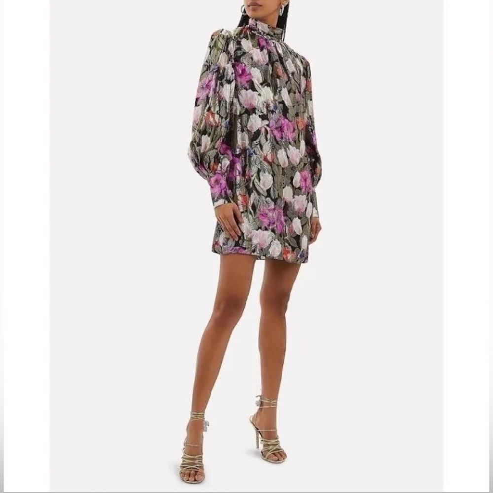 BORGO DE NOR Lima Metallic Silk Floral Mini Dress Blouson Sleeve US 2